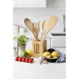 Kitchen Life 6 Parça Standlı Bambu Servis Seti Takımı - Servis Çatalı Kevgir Servis Kaşık Spatula Maşa Seti Kahverengi
