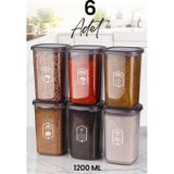 Kitchen Life 6'lı Etiketli Square Kare Erzak Saklama Kabı Seti 1200 ML - Sert Kapaklı Düzenleyici Kavanoz Antrasit - Siyah