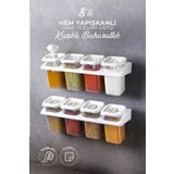 Kitchen Life 8'li Etiketli Standlı Kilitli Kaşıklı Kendinden Yapışkanlı Kare Baharatlık Takımı - Erzak Kabı Seti