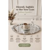 Kitchen Life Büyük Boy Vintage İşlemeli Oval Paslanmaz Çelik Gümüş Kahve Sunum Tepsisi-Servis Tepsisi 28 cm