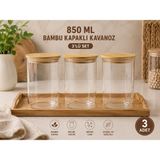 Kitchen Line 3li Set Bambu Kapaklı Cam Saklama Kavanozu – Hava Geçirmez Çok Amaçlı Mutfak Saklama Kabı 850ML - Şeffaf