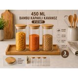 Kitchen Line 3lü Set Bambu Kapaklı Cam Saklama Kavanozu – Hava Geçirmez Çok Amaçlı Mutfak Saklama Kabı 450ML
