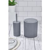Kitchen Line Yuvarlak Çöp Kovası & Yuvarlak Tuvalet Fırçası Seti İkili Banyo Seti Açık Gri