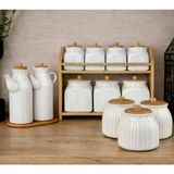 Kitchen Pembelia 10 Parça Bambu Standlı 2li Yağdanlık,3’lü Kavanoz,7li Standlı Baharatlık Takımı Çeyizlik Set