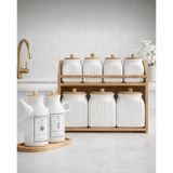 Kitchen Pembelia 11 Parça Bambu Standlı 2’li Yağdanlık Set ve Ahşap Standlı Porselen Baharatlık Takım Çeyizlik Set