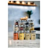 Kitchen Pembelia 12’li Etiketli 250ml Metal Vakumlu Kapaklı Borosilikat Cam Baharatlık Saklama Kabı Set