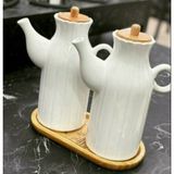 Kitchen Pembelia 2 Adet Beyaz Porselen 1 Lt Papatya Yağdanlık ve Bambu Altlık