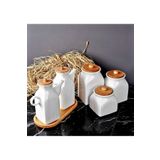 Kitchen Pembelia 2’li Set 6 Parça Bambu Standlı Kare Porselen 1000ml Yağdanlık Ve 3’lu Kavanoz Saklama Seti