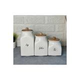 Kitchen Pembelia 3 Boy Porselen Bambu Kapaklı Çay Şeker Tuz Kavanoz Seti