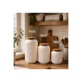 Kitchen Pembelia 3’lü Akasya Kapaklı Porselen Kavanoz Seti Çay Şeker Tuz Kahve Kavanoz Seti 1100ml 800ml 400ml Set