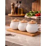 Kitchen Pembelia 3’lü Bambu Standlı Porselen Baharatlık Set Baharat Saklama Kavanoz Takımı