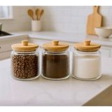 Kitchen Pembelia 3’lü Bambu Vakum Kapaklı 800 ml Çay Şeker Kahve Tuz Saklama Kavanozu Seti Kavanoz Takımı
