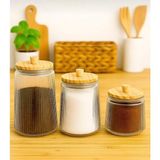 Kitchen Pembelia 3’lü Bambu Vakum Kapaklı Cam Kavanoz Seti Çay Şeker Kahve Kavanoz Takımı