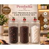 Kitchen Pembelia 3’lü Kiraz Detaylı Cam Saklama Kavanoz Seti Kahve Köşelerine Uygun Çay Şeker Kahve Kavanoz Takımı 1300 cc Bakliyat Saklama Kabı