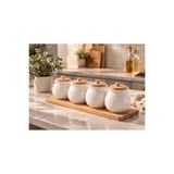 Kitchen Pembelia 4’lü Bambu Standlı Porselen Baharatlık Set Baharat Saklama Kavanoz Takımı
