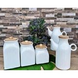 Kitchen Pembelia 5 Parça Porselen Yağdanlık ve Çay Şeker Tuz Kavanoz Seti - 1 lt - Beyaz