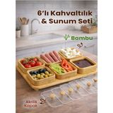 Kitchen Pembelia 6 Bölmeli Bambu Tepsili Kahvaltılık Seti Akrilik Kapaklı Sunumluk Kahvaltı Takımı