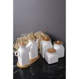 Kitchen Pembelia 6 Parça Ahşap Standlı 2'li Yağdanlık ve 3'lu Çay Şeker Tuz Kavanoz Set Çeyizlik Set - 1000 ml - Beyaz