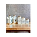 Kitchen Pembelia 6 Parça Bambu Standlı Kare Porselen 1000ml Yağdanlık Ve 3’lu Çay Şeker Tuz Kahve Kavanoz Seti