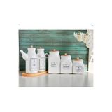 Kitchen Pembelia 6 Parça Bambu Standlı Porselen 1000ml Yağdanlık Ve 3’lu Çay Şeker Türk Kahve Kavanoz Seti