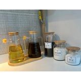 Kitchen Pembelia 6 Parça Bambu Standlı Yağdanlık 900 ml + Kavanoz Set 3'lü - Şeffaf