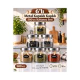 Kitchen Pembelia 6’lı Metal Vakum Kapaklı Cam Kaşıklı 500 cc Baharatlık Saklama Kabı Baharatlık Takımı Çay Şeker Tuz Kahve Kavanoz Set