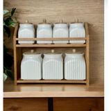 Kitchen Pembelia 7’li Porselen Baharat Saklama Kavanoz Seti Ahşap Standlı Dayanıklı Malzeme