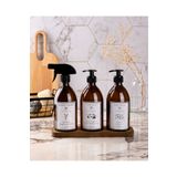 Kitchen Pembelia Ahşap 3 Bölmeli Standlı 3’lü Amber 500 ml Cam Yüzey Temizleyici Bulaşık Deterjan Sıvı Sabunluk Seti