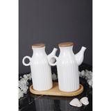 Kitchen Pembelia Ahşap Standlı 2 Adet 500 ml Damlatmaz Yağdanlık(3'lü Yağdanlık Set) - Beyaz - 1 lt