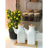 Kitchen Pembelia Ahşap Standlı 2 Adet Kare 1 Lt Porselen Yağdanlık&yağlık 3'lu Yağdanlık Set - Beyaz