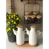 Kitchen Pembelia Ahşap Standlı 2ADET 1 Lt Porselen Yağdanlık Set((3'lu Yağdanlık Set) - Beyaz