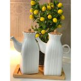 Kitchen Pembelia Ahşap Standlı Kare 2 Adet 1 Lt Porselen Yağdanlık Set - Beyaz