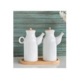Kitchen Pembelia Bambu Standlı 2 Adet 1 lt Porselen Yağdanlık Set 3’lu Yağdanlık Yağlık Takımı