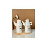 Kitchen Pembelia Bambu Standlı 2'li 1000ML Etiketli Porselen Yağlık 3'lu Yağdanlık Set