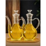 Kitchen Pembelia Bambu Standlı 2’li Borosilikat Cam Lüx 750 ml Yağdanlık Yağlık Set Ayçiçek Zeytinyağ Yağdanlık