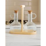 Kitchen Pembelia Bambu Standlı 2’li Cam Yağdanlık Set Yağlık,sirkelik