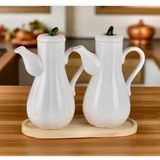 Kitchen Pembelia Bambu Standlı 2’li Porselen Beyaz Bal Kabak Model Yağdanlık Seti Ayçiçek Yağı Zeytin Yağı Şişesi