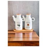 Kitchen Pembelia Bambu Standlı Etiketli Çizgili 2’li Porselen 1000 ml Yağdanlık Seti Yağlık Takımı