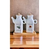 Kitchen Pembelia Bambu Standlı Etiketli Kare 2’li Porselen 1000 ml Yağdanlık Seti Yağlık Takımı