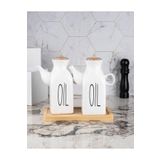 Kitchen Pembelia Bambu Standlı Kare 2’li Porselen Herbiri 1000 ml Yağdanlık Set 3’lü Yağdanlık Takım