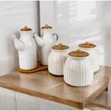 Kitchen Pembelia Papatya Porselen 6 Parça Yağdanlık ve Kavanoz Seti Bambu Standlı Modern Mutfak Aksesuarı