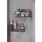 Kitchen Store 2'Li Yapışkanlı Banyo Düzenleyici Şampuanlık Duş Rafı Mat Siyah Tek Katlı Organizer
