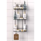 Kitchen Store Yapışkanlı 3 Katlı Siyah Banyo Rafı – Paslanmaz Metal Şampuanlık 2 Lif Askısı | Delmeden Montaj