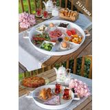 kitchen trend 2 Li Ahşap Kulplu 51 Cm Metal Tepsi Ve 37 Cm Beyaz Tepsi Çay Kahve Sunum Tepsisi