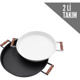 Kitchen Trend 2'li Ahşap Kulplu 37 cm Siyah ve 30 cm Beyaz Tepsi Çay Kahve Sunum Tepsisi - Siyah - Beyaz