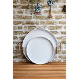 kitchen trend 2'li Ahşap Kulplu 45 Cm Beyaz Tepsi Ve 37 Cm Beyaz Tepsi Çay Kahve Sunum Tepsisi