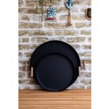 kitchen trend-2'li Ahşap Kulplu 45 Cm Metal Tepsi Ve 37 Cm Siyah Tepsi Çay Kahve Sunum Tepsisi
