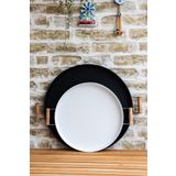 kitchen trend 2'li Ahşap Kulplu 45 cm Siyah Metal Tepsi ve 37 Beyaz Cm Siyah Kahve Sunum Tepsisi
