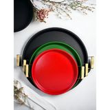 Kitchen Trend 3 Lü 45,37,30 cm Ahşap Kulplu Metal Tepsi Sunum Tepsi Seti - Kırmızı - Yeşil - Siyah