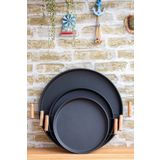 kitchen trend 3 Lü (51, 37, 30 CM) Ahşap Kulplu Metal Tepsi Çay Tepsisi Kahve Tepsisi Sunum Tepsi Seti Siyah